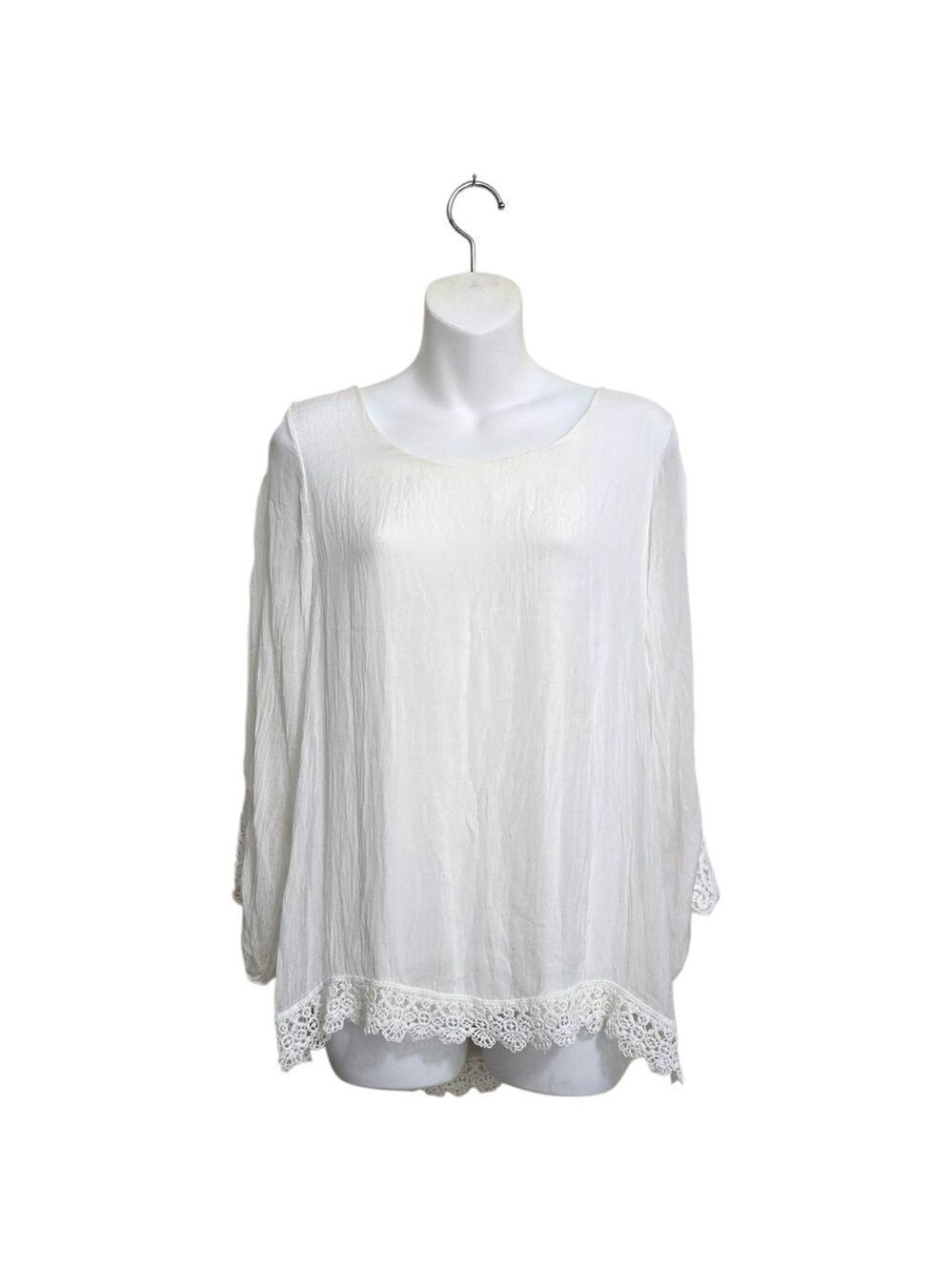 Via Signoria White Italian Silk With Lace Trim Blouse Sz S
